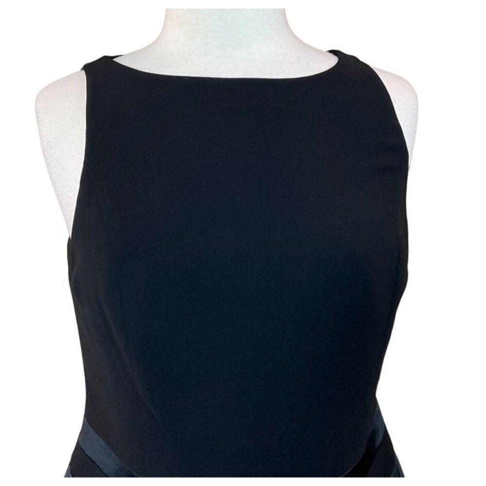 Jones New York Black Sleeveless Lined Dress Satin Stripe Peplum Back Slit Size 8 - Picture 3 of 7
